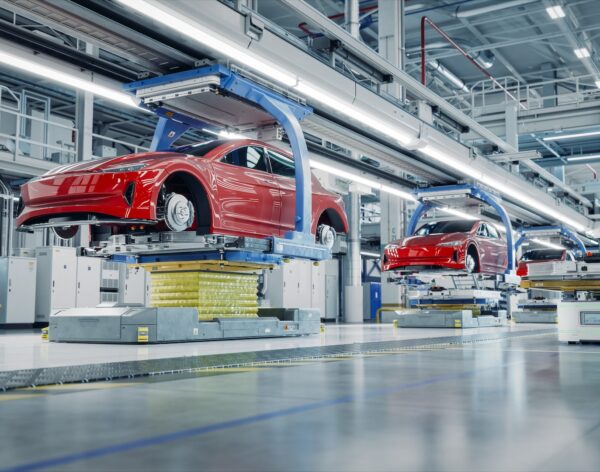 EV Production Line on Advanced Automated Smart Factory. High Performance Electric Car Manufacturing. Car Batteries being Attached to Electric Vehicles on Assembly line. AGV Transport Batteries.
